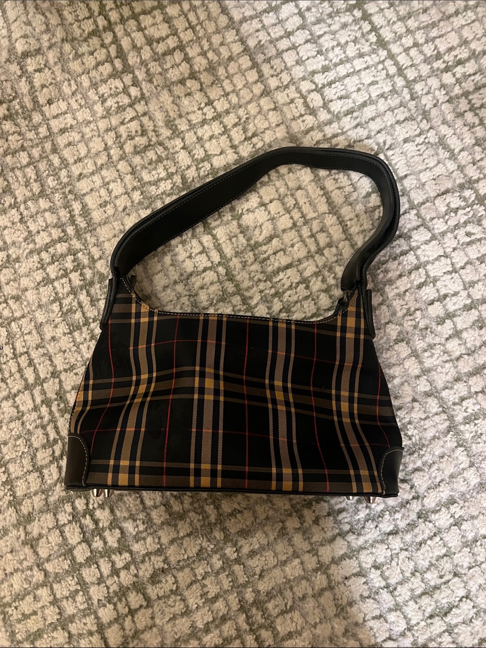 Plaid Shoulder Bag in Black and Tan with Red Accents